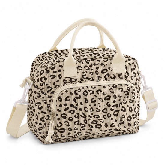 Rainbecom Koeltas Dames 9,5L - Geïsoleerde Lunchtas en Lunch Bag van Corduroy - Thermotas met Schouderband en Opbergvakken - Koeltassen Voor Werk, School en Picknick - Beige Panter