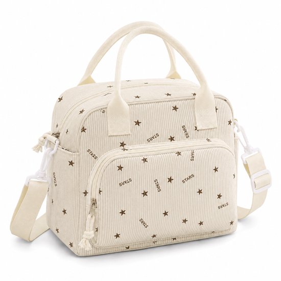 Rainbecom Koeltas Dames 9,5L - Geïsoleerde Lunchtas en Lunch Bag van Corduroy - Thermotas met Schouderband en Opbergvakken - Koeltassen Voor Werk, School en Picknick - Beige Sterren van Rainbecom