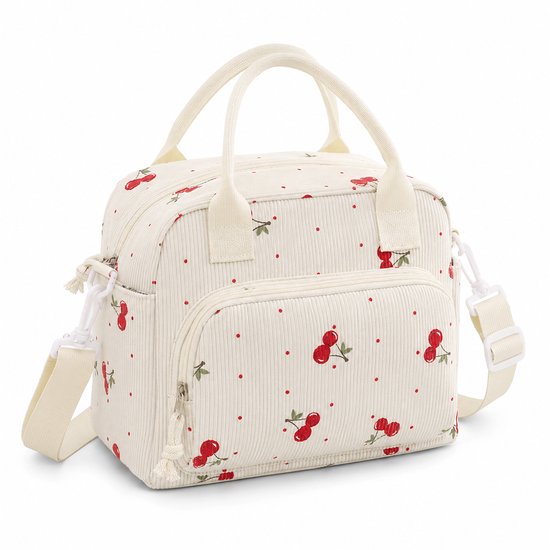 Rainbecom Koeltas Dames 9,5L - Geïsoleerde Lunchtas en Lunch Bag van Corduroy - Thermotas met Schouderband en Opbergvakken - Koeltassen Voor Werk, School en Picknick - Crème Kersen van Rainbecom