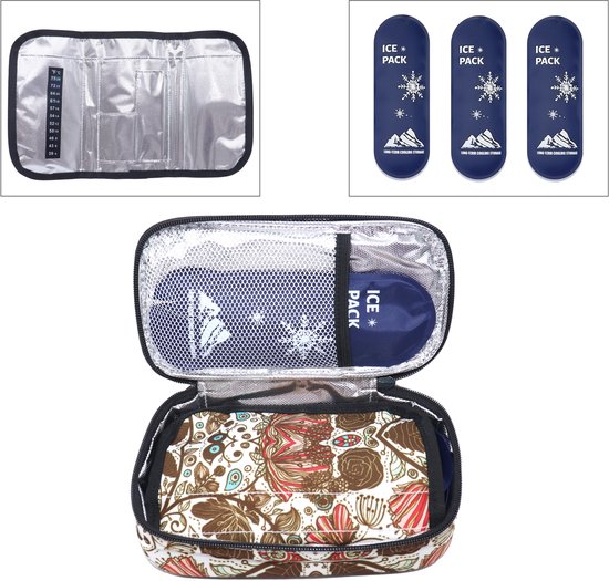 Rainbecom koeltas - insuline etui met temperatuurstrip - 3 ice packs - 21x6x11cm