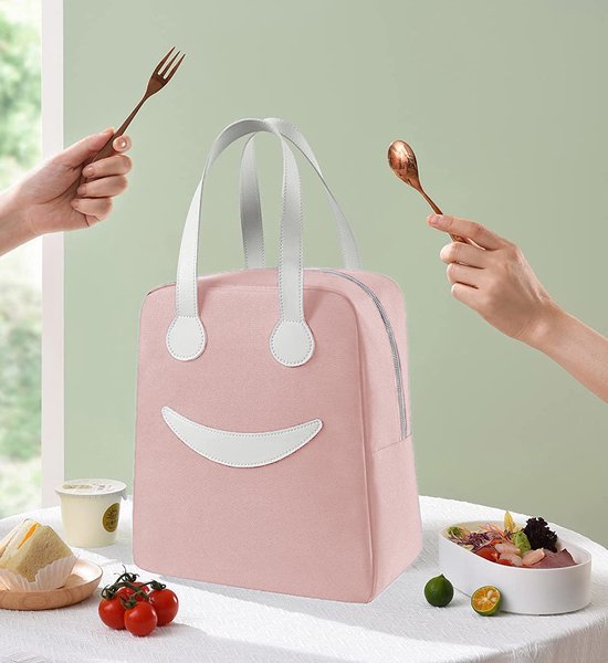 Rainbecom - Koeltassen - Lunchtas - 24x13x28 cm - 8.7 Liter - Roze - Isolatie - 300D Kationisch Polyester - Lunchtas met smileygezicht - Klittenbandsluiting - Handvat Riem - Koeltas - Lunch Bag - Geïsoleerde Koeltas - Picknicktas van Rainbecom