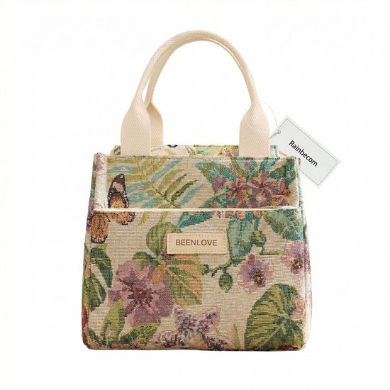 Rainbecom - Koeltassen Lunchtas 5,5L Geïsoleerd - Lunch tas Dames & Heren - 22x13.5x19.5 cm Lunchbag voor Werk & School - Koeltas Waterafstotend Polyester - Grote Opening met Rits - Beige Tropische Print van Rainbecom