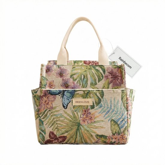 Rainbecom - Koeltassen Lunchtas 8,5L Geïsoleerd – Lunch tas Dames & Heren – 26,5x13x25cm Lunchbag voor Werk & School - Koelta Waterafstotend Polyeste - Grote Opening met Rits - Beige Tropische Print van Merkloos