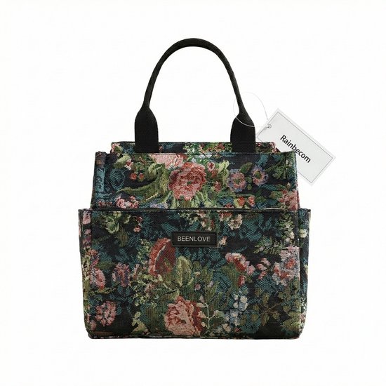 Rainbecom - Koeltassen Lunchtas 8,5L Geïsoleerd - Lunch tas Dames & Heren - 26,5x13x25cm Lunchbag voor Werk & School - Koelta Waterafstotend Polyester - Grote Opening met Rits - Zwart Vintage Rozen van Rainbecom