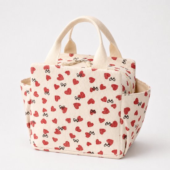 Rainbecom – Koeltassen - Lunchtas Koeltas 12L - Geïsoleerde Lunchbag van Corduroy met 2 Zijvakken - Voor Werk, Picknick, Reizen en Dagelijks Gebruik - 26 x 18,5 x 25 cm - Beige met Rode Hartjes