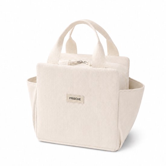 Rainbecom – Koeltassen - Lunchtas Koeltas 12L - Geïsoleerde Lunchbag van Corduroy met 2 Zijvakken - Voor Werk, Picknick, Reizen en Dagelijks Gebruik - 26 x 18,5 x 25 cm - Effen Crème
