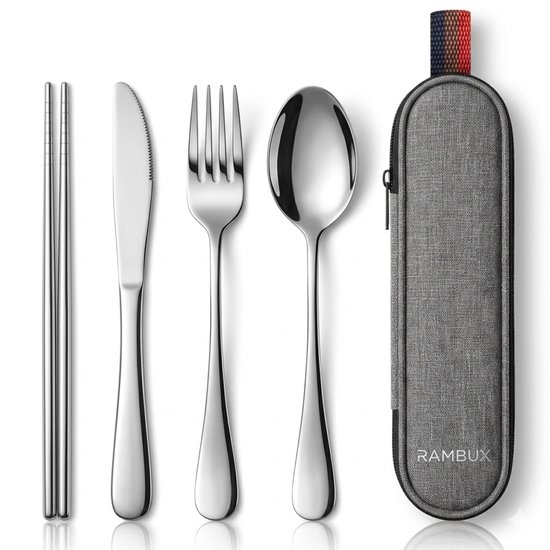 RAMBUX® Bestekset - Reisbestek - Camping Bestek - RVS Bestek To Go met Etui incl. Stokjes - Grijs