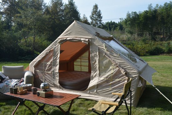 Re-purelife® opblaasbare tent 4-6 personen - beige polyester air tent met stove jack, 5 min opzetbaar - 300×210×200 cm