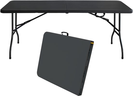 Re-purelife® Opvouwbare campingtafel 180×73×73 cm - zware klaptafel met handvat - tuintafel inklapbaar - heavy duty kunststof en ijzer - zwart - draagvermogen 135 kg