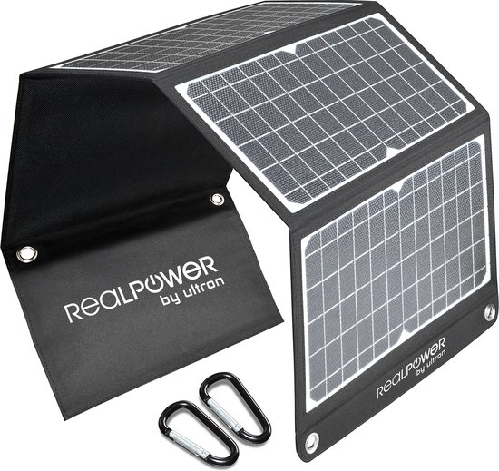 RealPower SP-30E Mobiel 30W Solar panel met 1 x USB-A, 1 x USB-A QuickCharge en 1 x USB-C PD - Opvouwbaar compact zonnepaneel voor mobiel gebruik - IPX5 weersbestendig - zwart van RealPower