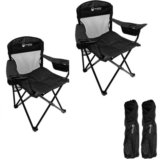 Recalma Campingstoel met Koelvak - Opvouwbaar - 2-Pack – Met Bekerhouder en Telefoonhouder– Visstoel Klapstoel – Ademende Rugleuning – Incl. Draagtas – Zwart