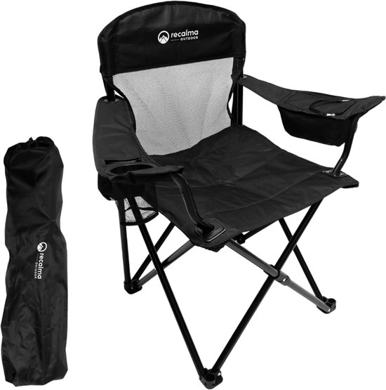 Recalma Campingstoel Opvouwbaar – Met Koelvak & Bekerhouder – Visstoel Klapstoel – Ademende Rugleuning – 150 kg – Incl. Draagtas – Zwart van Merkloos