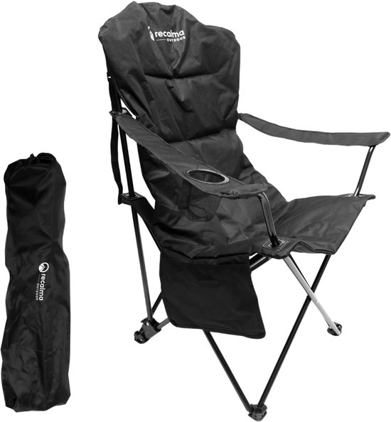 Recalma Campingstoel XXL - Opvouwbaar – Hoge Rugleuning & Neksteun – Bekerhouder & Opbergvak – 150 kg – Visstoel Klapstoel – Incl. Draagtas – Zwart van Merkloos