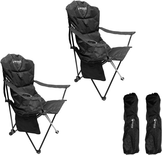 Recalma Campingstoel XXL - Opvouwbaar - Set van 2 - Hoge Rugleuning & Neksteun – Bekerhouder & Opbergvak – 150 kg – Visstoel Klapstoel – Incl. Draagtas – Zwart
