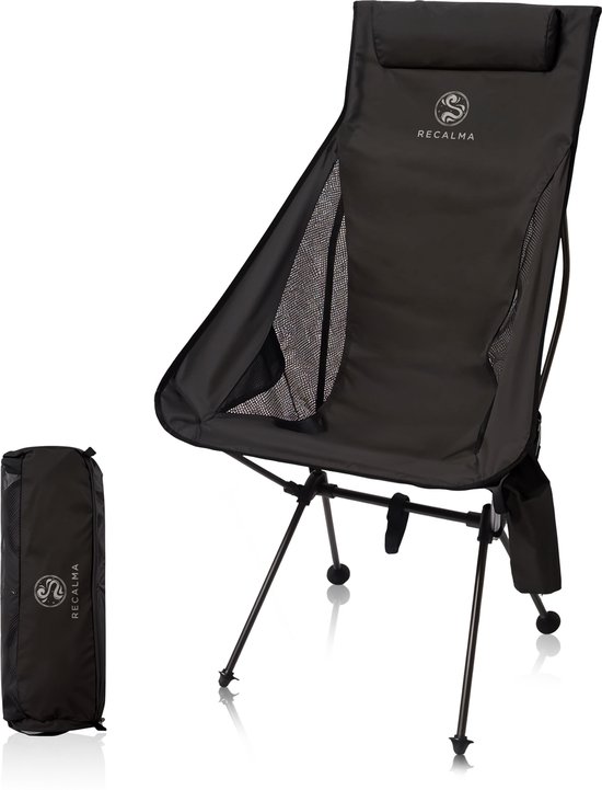 Recalma Campingstoel Zwart - Opvouwbare Vouwstoel met Neksteun - Lichtgewicht Visstoel - Vouwstoel Inklapbaar - Incl. Drankhouder, Draagtas en opbergvak - Comfortabel XL model - Zwart van Recalma