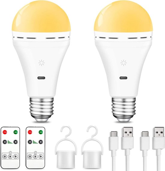 Rechargeable Light Bulb With Remote Control - 7W Battery Powered USB C Lamp - Touch Control Dimmable LED Light Bulb - Camping Emergency Lamp With Hook - Smart E27 Multifunction Lamp - 3000k/2 pack van Lepro