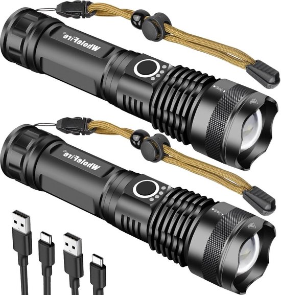 Rechargeable USB LED Flashlight - super bright 90000 lumens - XHP70 Zoom - Waterproof - Powerful Flashlight - 5 Modes - Outdoor Emergency Lighting - Power Indicator - Battery Included - 2 Pack van Merkloos