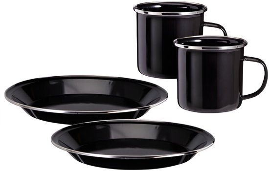 Recliffs Serviesset - 4 delig - emaille - zwart/zilver - borden en mokken - outdoor/camping