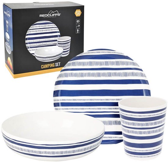 Redcliffs melamine servies melamine set 12-dlg blauw /off white gestreept van Redcliffs