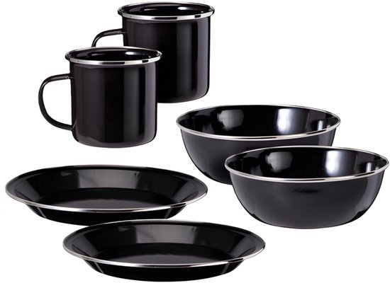 Redcliffs Outdoor serviesset - 6 delig - emaille - zwart/zilver - kamperen/outdoor