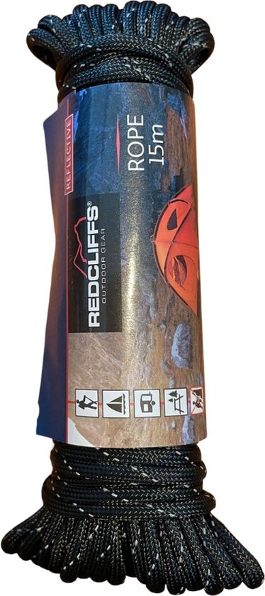 Redcliffs - Touw - Scheerlijn - Reflectief - 15 Meter - ⌀ 4mm - [Zwart] van Redcliffs