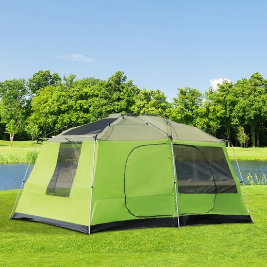 REDOM Familietent - Koepeltent Met 2 Slaapcabines - Voor Camping - Polyester - Groen - 405 x 305 x 225 cm