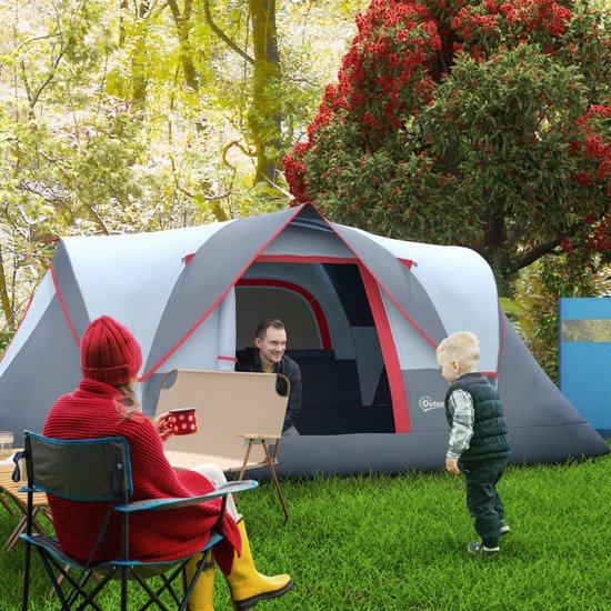 REDOM Tunnel Tent - Voor 5-6 Personen - 2-In-1 Buitentent Afneembaar - Polyester - Grijs - 455 X 220 X 180 Cm van Merkloos