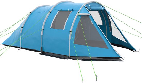 REDOM - Tunneltent - 2 ruimtes - 4-persoons - UV-bescherming - Waterkolom 2000 mm - Glasvezel stokken - Polyester - Blauw - 475 x 264 x 172 cm