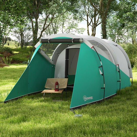 REDOM Tunneltent - Voor 4-5 Personen - Met 2 Ruimtes - Met Zijramen - Polyester - Groen - 460 x 260 x 190 cm van Merkloos