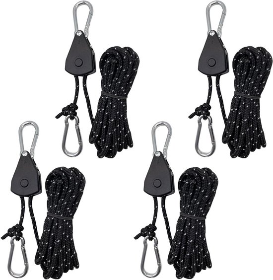 Reflective Tent Guy Ropes - 4pcs - 4mm Ratchet Ropes met Rope Tensioner - 4m Heavy Duty Verstelbare Reflectieve Tent Touw voor Camping - Hiking - Awning - Zwart