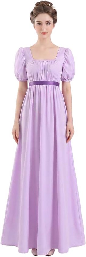 Regency-jurken voor vrouwen met satijnen sjerp, ruches, pofmouw, Empire taille-jurk, Licht Paars, M