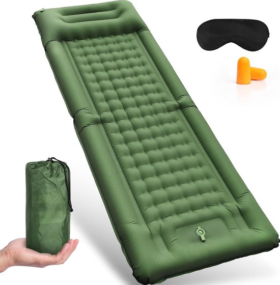 Reis-isomat, luchtmatras, zelfopblazend, verdikte opblaasbare isomat, camping met voetpers, pomp, opblaasbaar luchtmatras, ultralicht, isolatiemat met hoofdkussen, oogmasker, oordopjes van Merkloos