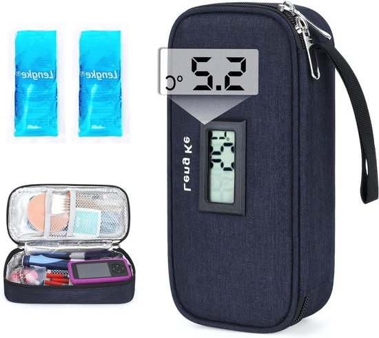 Reis koelbox voor medicijnen met temperatuurweergave - Insuline koeltas met twee 90g ijscompressen, TSA-goedgekeurde insulinehoes voor diabetesbenodigdheden en medicijnen (Marineblauw) van Merkloos