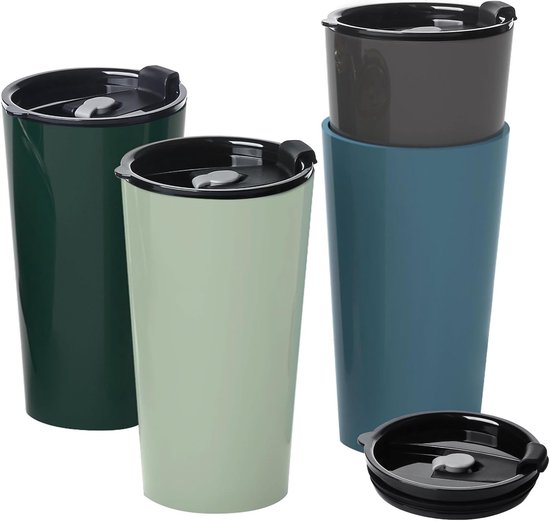 Reis Koffiemok 600ml - Lekvrij en Spill Proof - Herbruikbare Plastic Koffiekop voor Camping, Afwasmachine- en Magnetronbestendig, Set van 4