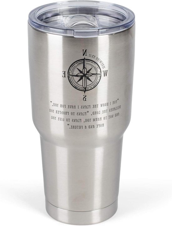 Reis Koffiemok - Drinkbeker RVS - Onderweg Dranken Meenemen - Inspirerende Tekst Kompas - 30 Ounces - Zilver