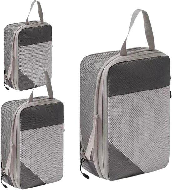 Reis Opbergset - Koffer Organizers - Ruimte Besparen - Compressie Rits - 3 Maten - Grijs