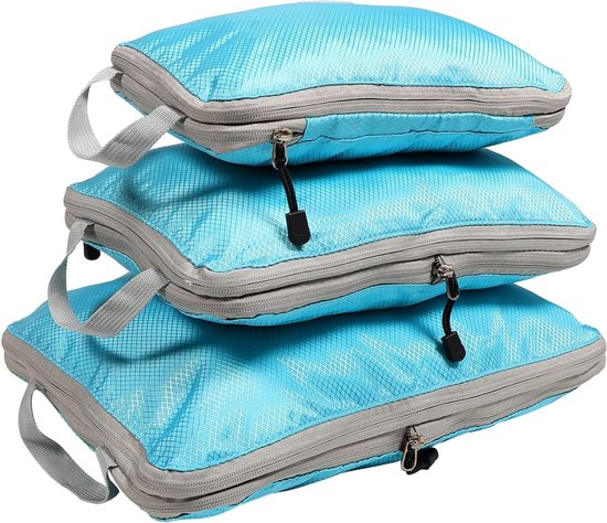 Reis Opbergzakken - Koffer Organizers - Kleding Opbergen - Compressie Systeem - 3 Stuks Set - Hemelsblauw