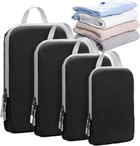Reis Organizer Set - Koffer Organizers - Ruimte Besparen - Compressie Vacuüm - 4 Delig Set - Zwart Blauw