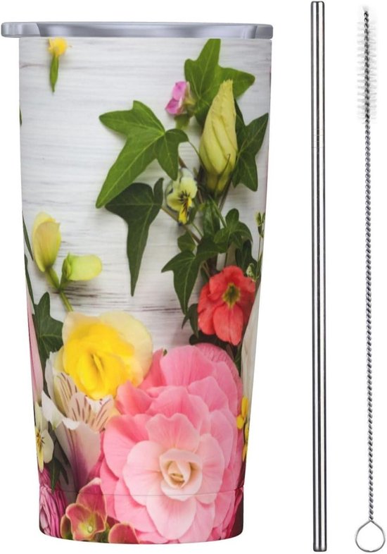 Reisbeker met Rietje - Thermosmok Mok - Dranken Warm Houden - Dubbelwandig Vacuüm Ontwerp - 590 Milliliter - Bloemen op Hout
