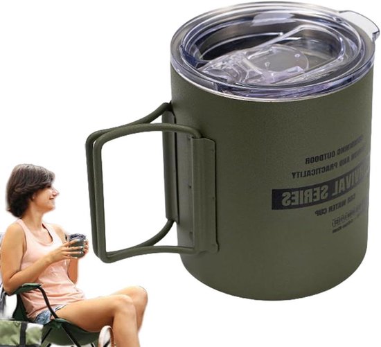 Reisbeker RVS - Camping mok - Drinken onderweg - Inklapbaar handvat - 320 ml - Groen