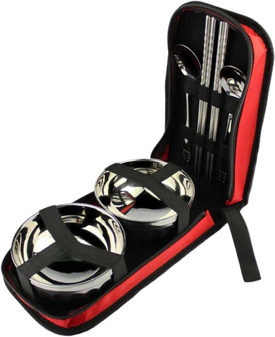 Reisbestek Set - Kampeer Servies - Buiten Eten - Roestvrij Staal - 1 Set - Rood