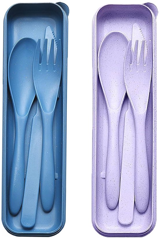 Reisbestek-set met etui, herbruikbaar, 2 sets draagbare gebruiksvoorwerpen, plastic vork, mes, lepel voor camping, picknick, werk, school, dagelijks gebruik (paars + donkerblauw)