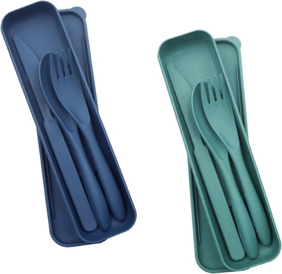 Reisbestek Set van 2 met Etui - Herbruikbaar Bestek voor Kamperen, Picknicken en Buitenactiviteiten - Bestekset met Mes, Lepel en Vork van Kunststof
