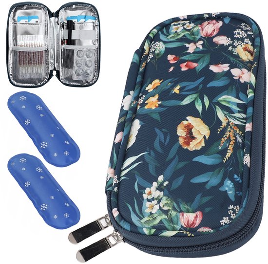 Reiskoelbox voor insuline - Koelbox - Draagbare diabeteskit - Geïsoleerde koeltas - Inclusief 2 nylon koelelementen - Medicijnkoeltas - Geschikt voor dagelijks gebruik en op reis - 20,5*9,5*3,5 cm - Blauwe achtergrond met cameliabloemmotie van Ruijingsky