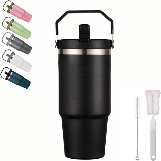 Reismok met handvat - Geïsoleerde beker - Warme drank meenemen - Lekvrij ontwerp - 600ml capaciteit - Zwart