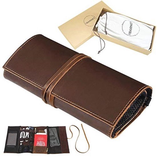 Reisorganizer Roll Bag voor Elektronica Accessoires van Echt Leer - USB Kabel, SD Kaart, Oplader, Hoofdtelefoon, Paspoort, Cash, Muntjes, Externe Harde Schijf
