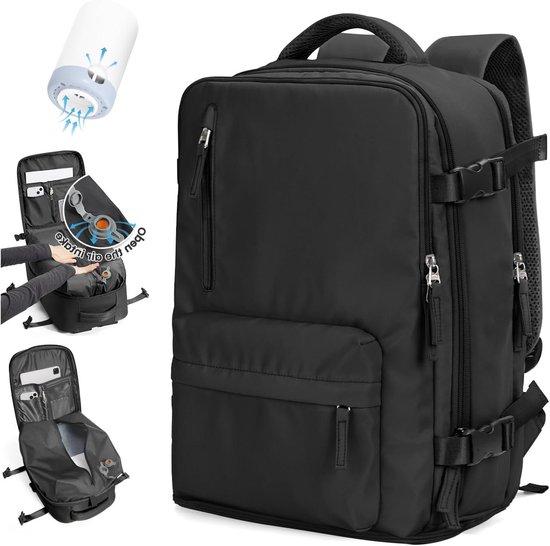 Reisrugzak - Handbagage Rugzak - Ruimte Besparen - Met Vacuümpomp - 40x20x25 cm - Zwart