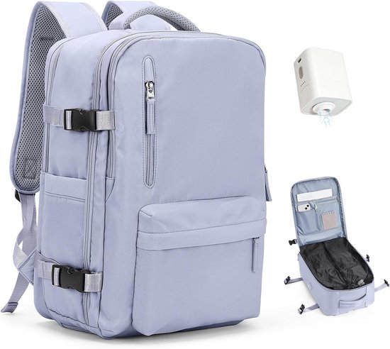 Reisrugzak - Handbagage Tas - Vliegen Zonder Koffers - Inclusief Vacuümpomp - 40x20x25 cm - Grijs Paars
