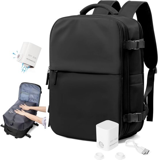 Reisrugzak met pomp - Vakantie tas - Bagage comprimeren - Geïntegreerd vacuümsysteem - 40x30x20 cm - Zwart