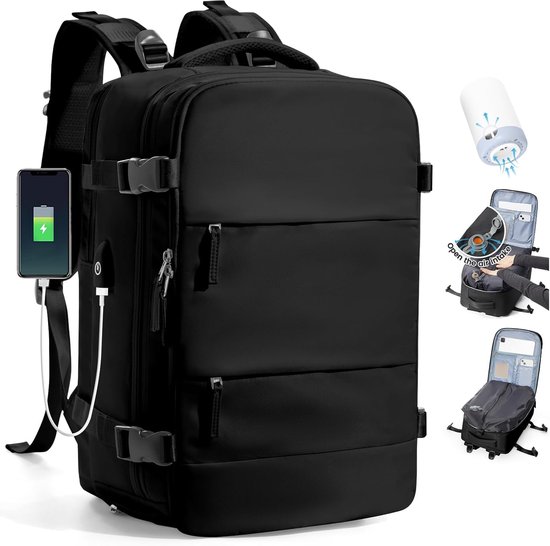 Reisrugzak met Pomp - Vakantie Tas - Ruimte Besparen - Vacuüm Compressie - 32 x 20 x 42 cm - Zwart